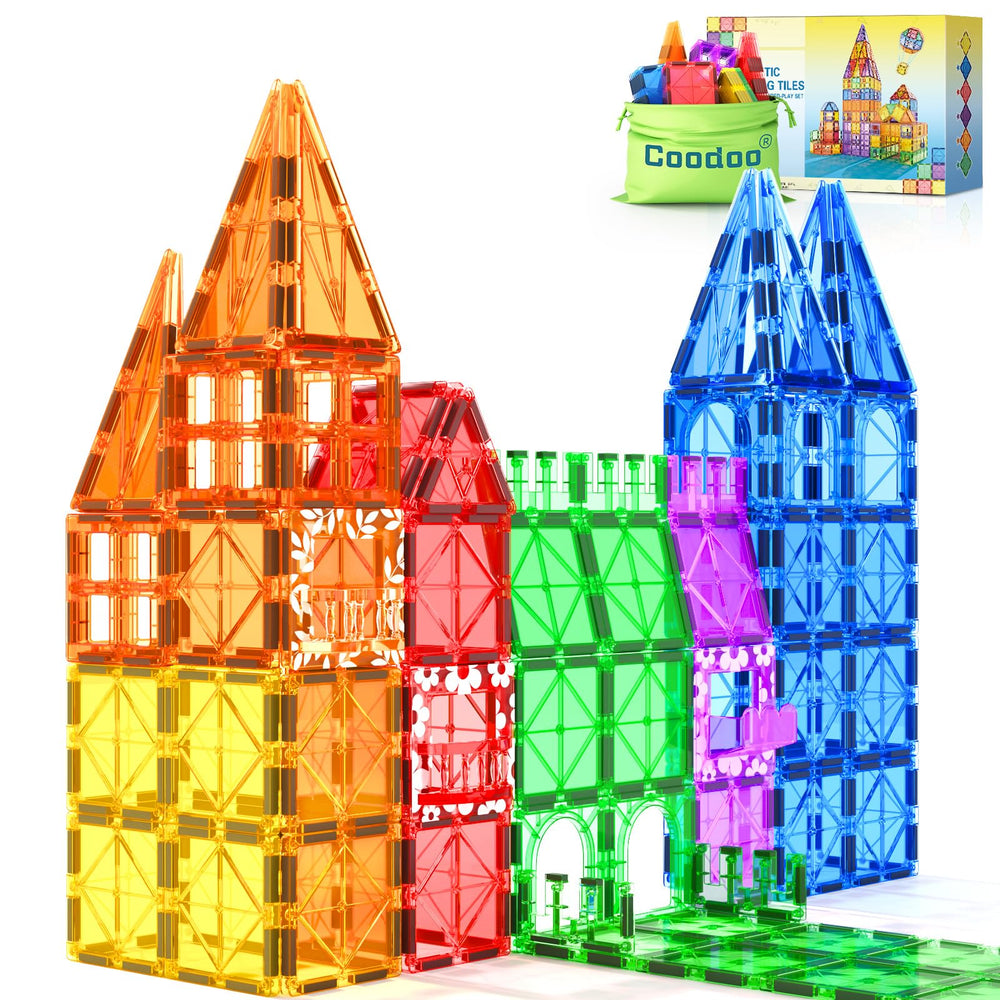 Coodoo 60-piece magnetic tiles with rainbow bricks spark imaginative building play.
