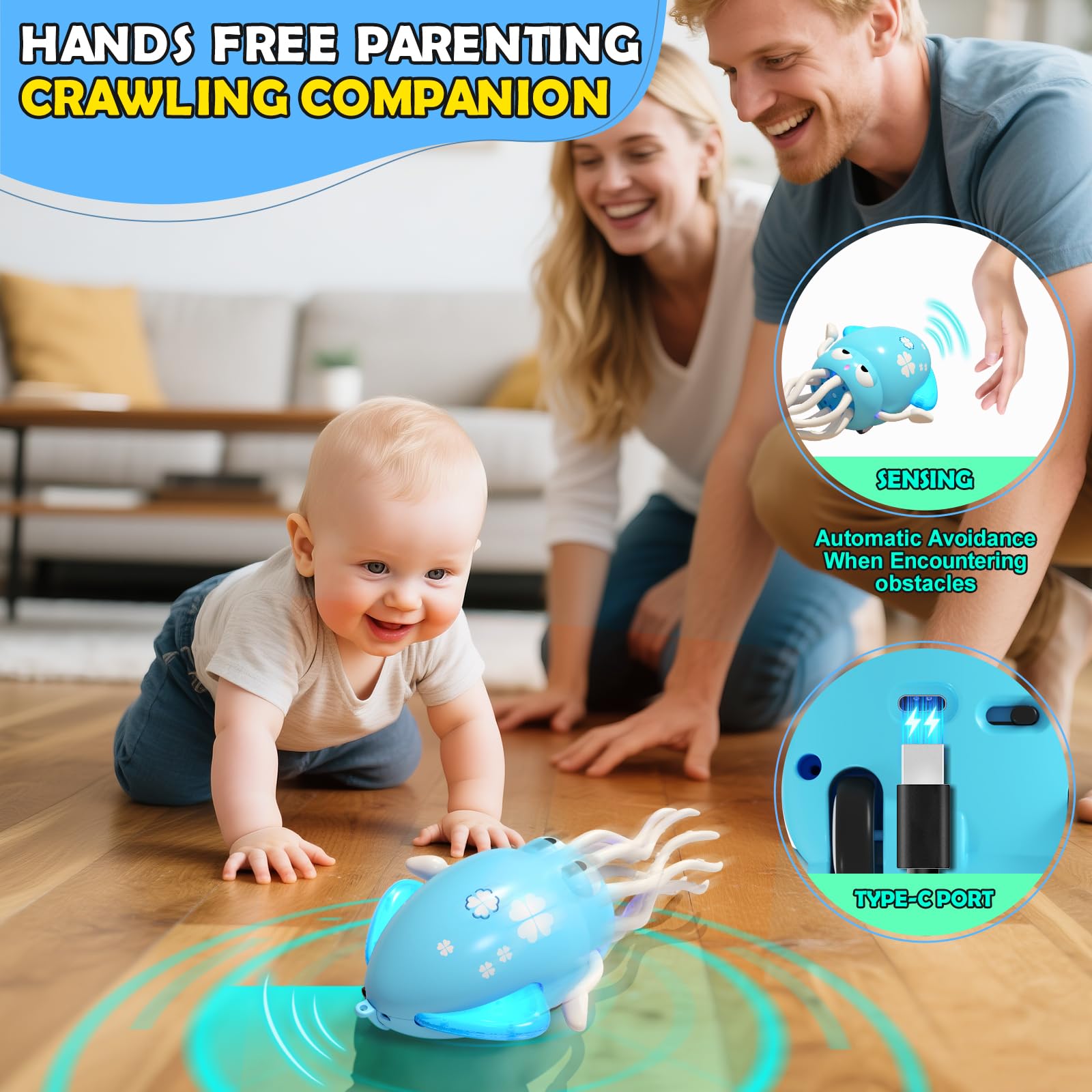 Coodoo Dancing Octopus blue obstacle sensor keeps play safe by guiding around items.