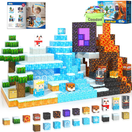 Coodoo Frozen Toys magnetic blocks assemble a snowy scene on a fridge for imaginative play