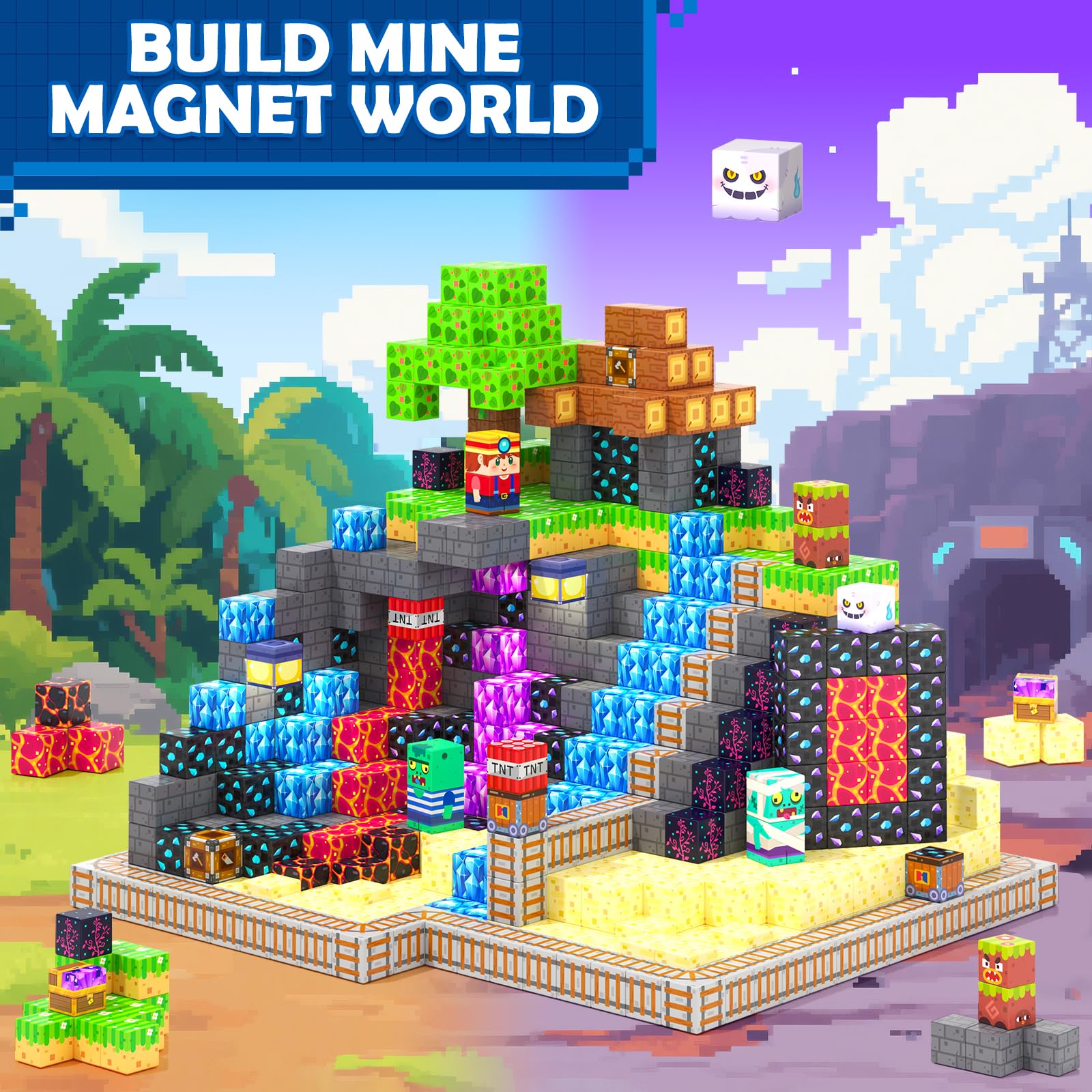 Coodoo blocks enable imaginative builds like rainforest scenes and volcanoes.