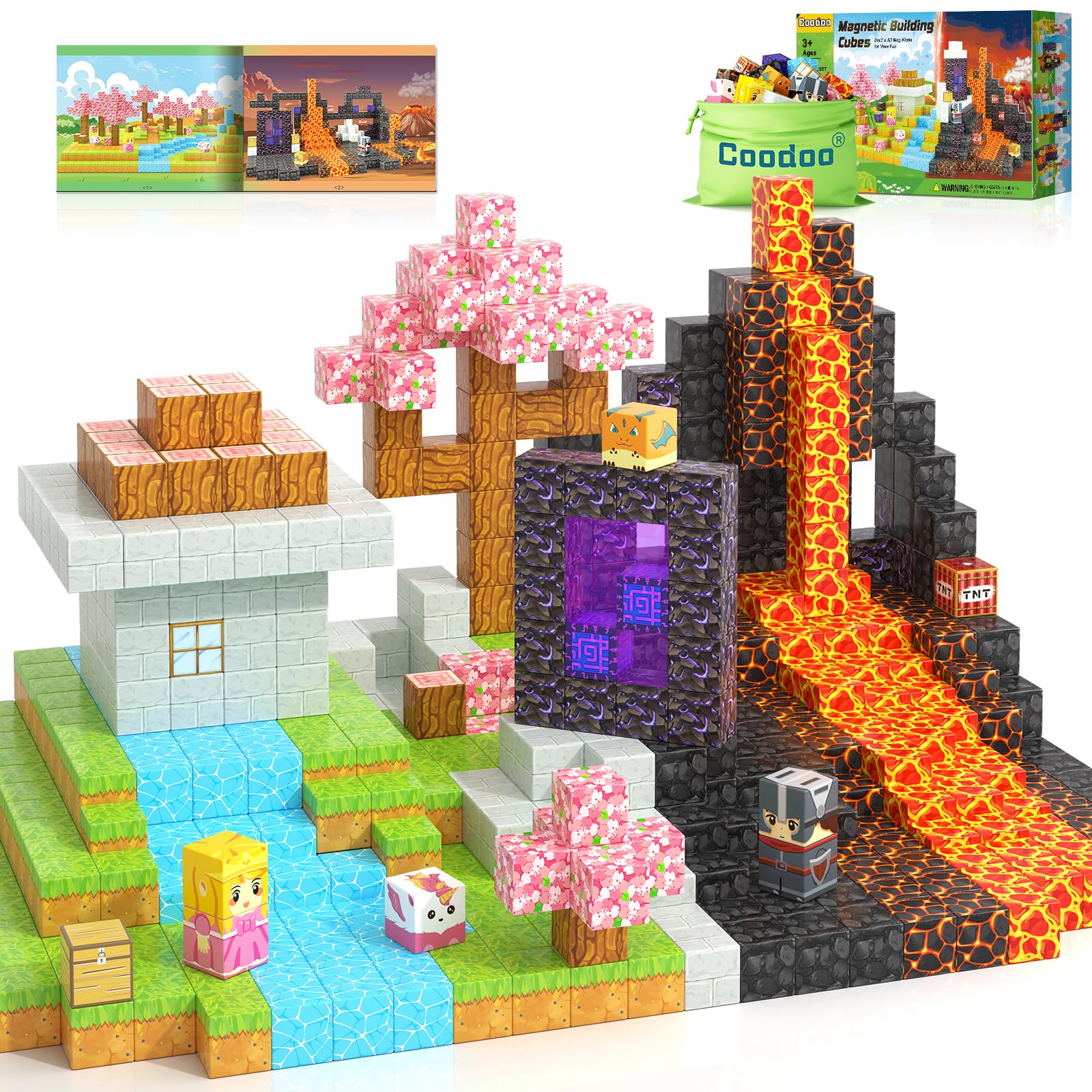 Coodoo magnetic blocks portal forest and lava scene for imaginative play.