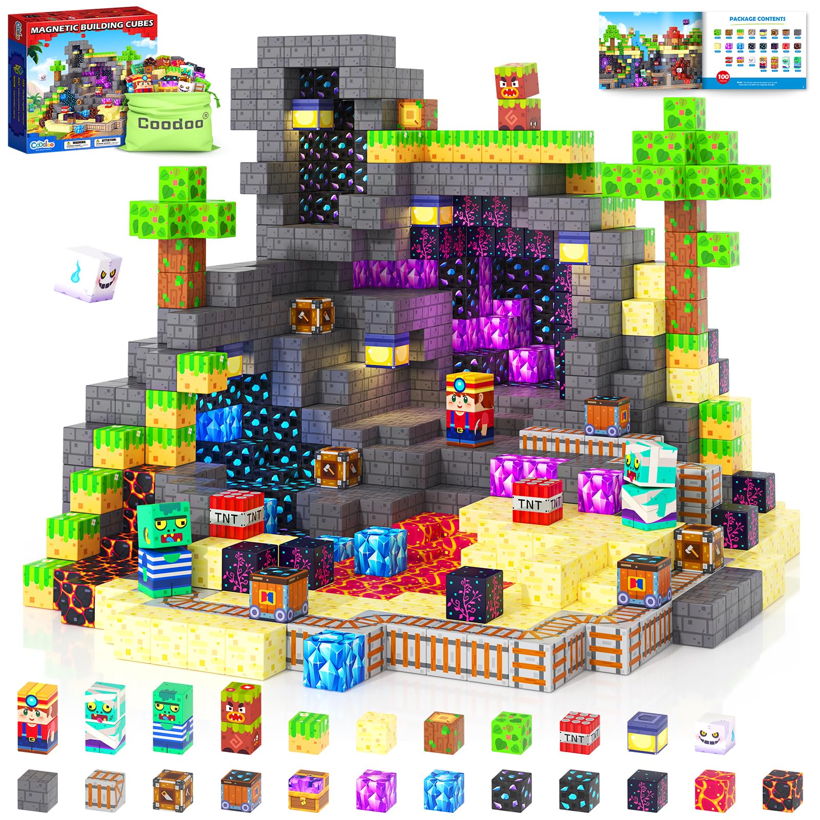 Coodoo magnetic blocks in rainforest treasure setup for imaginative play and problem solving.