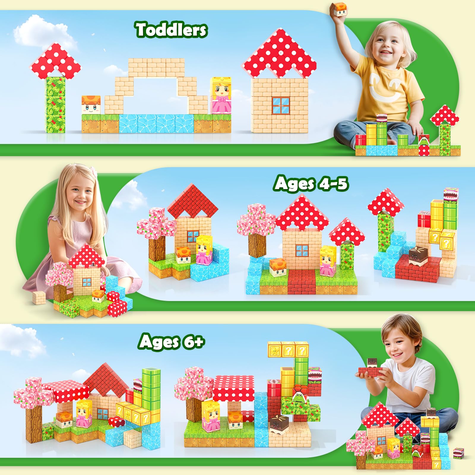 Coodoo magnetic blocks build tree and house worlds for creative storytelling.