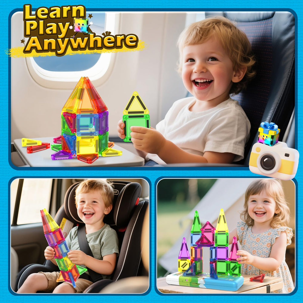 Coodoo magnetic tiles travel baseplate in a tin enables on-the-go building sessions.