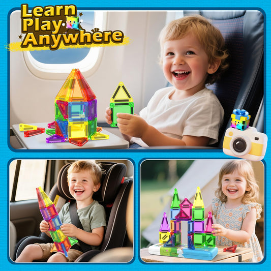 Coodoo magnetic tiles travel baseplate in a tin enables on-the-go building sessions.