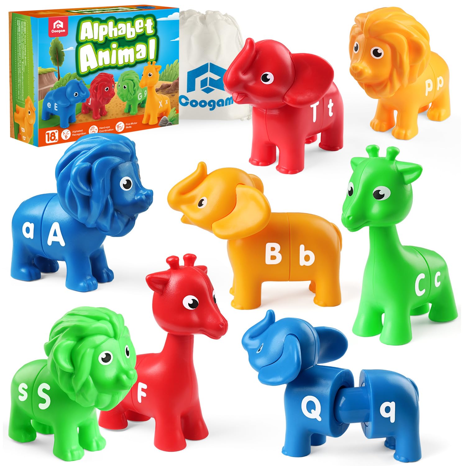 Coogam ABC letters matching set shows 26 animal pieces for hands-on alphabet learning.