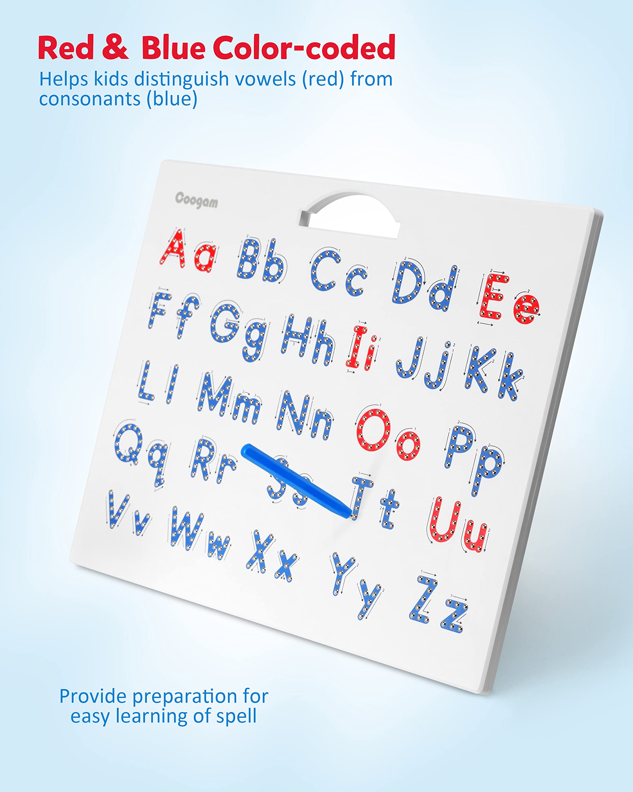 Coogam ABC tracing board showing uppercase and lowercase letters
