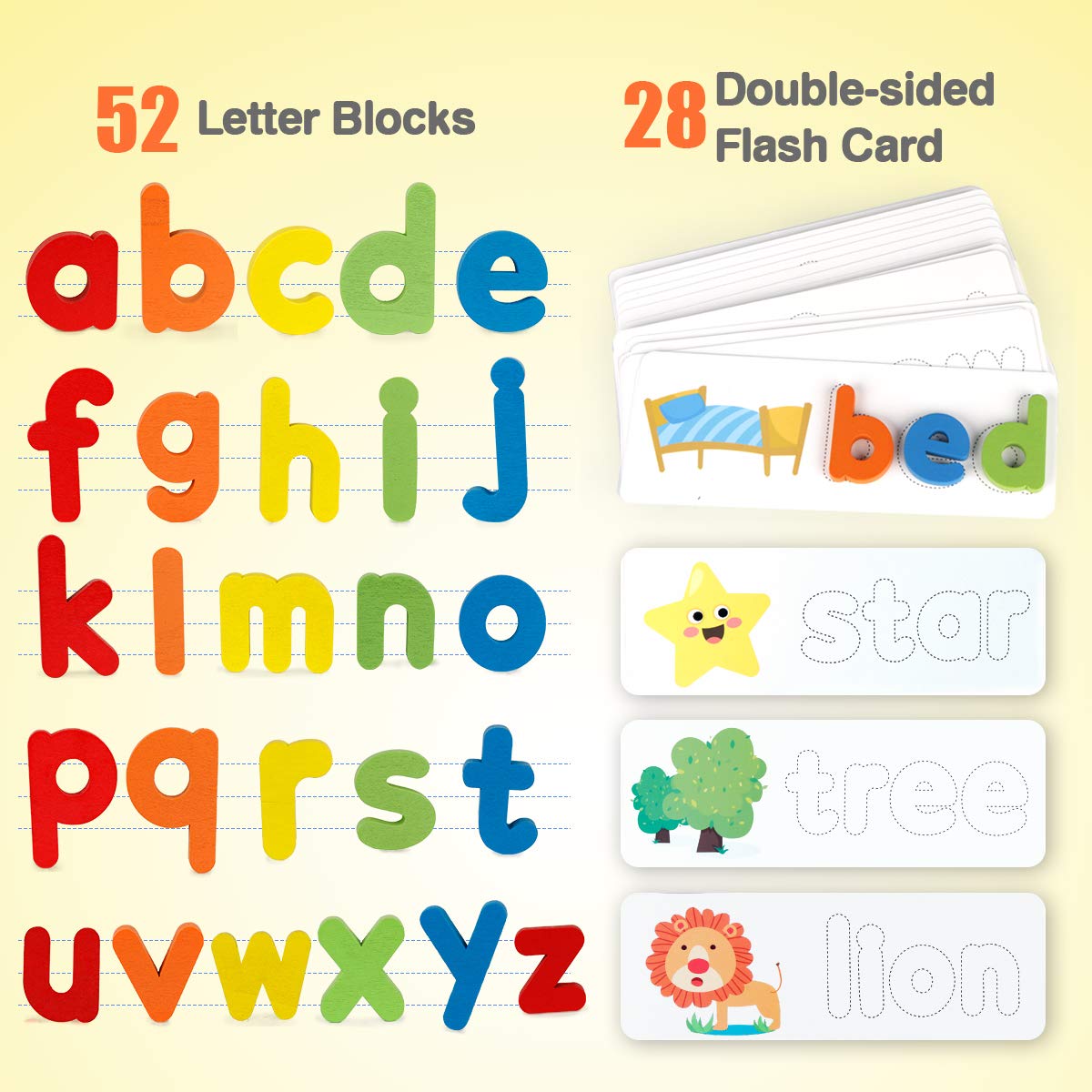 Coogam wooden alphabet letters laid out for letter matching and fine motor play