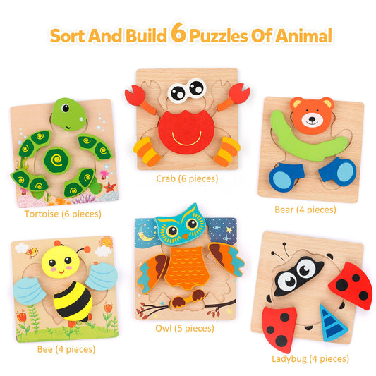 Coogam colorful animal wooden puzzles for early color and shape recognition.