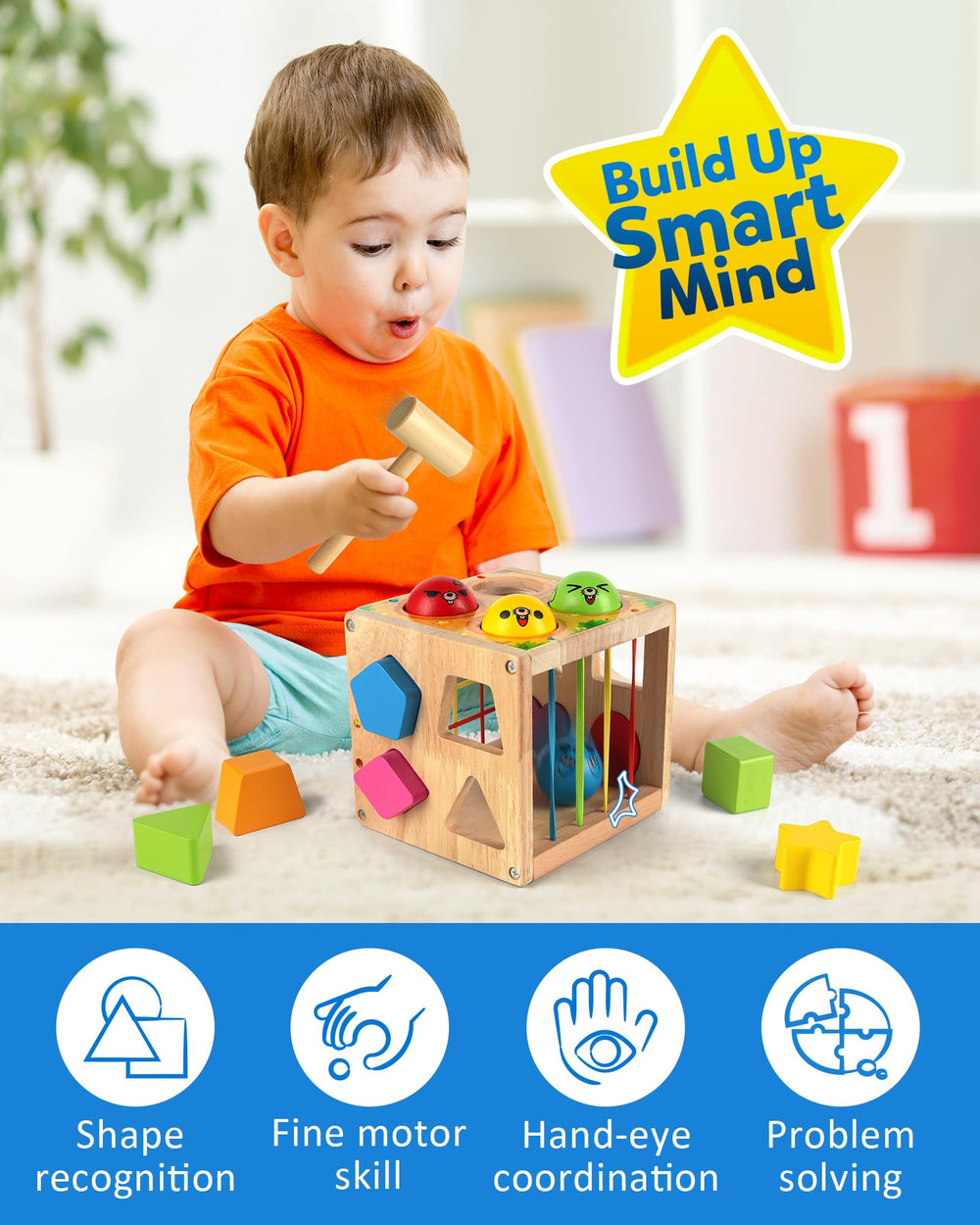 Coogam colorful blocks fit through slots to support spatial awareness.