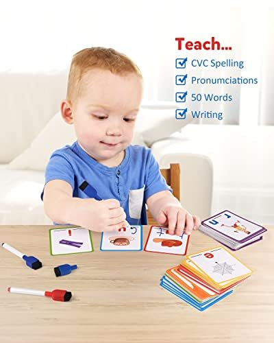 Coogam CVC flashcards include dry erase markers for reuse.