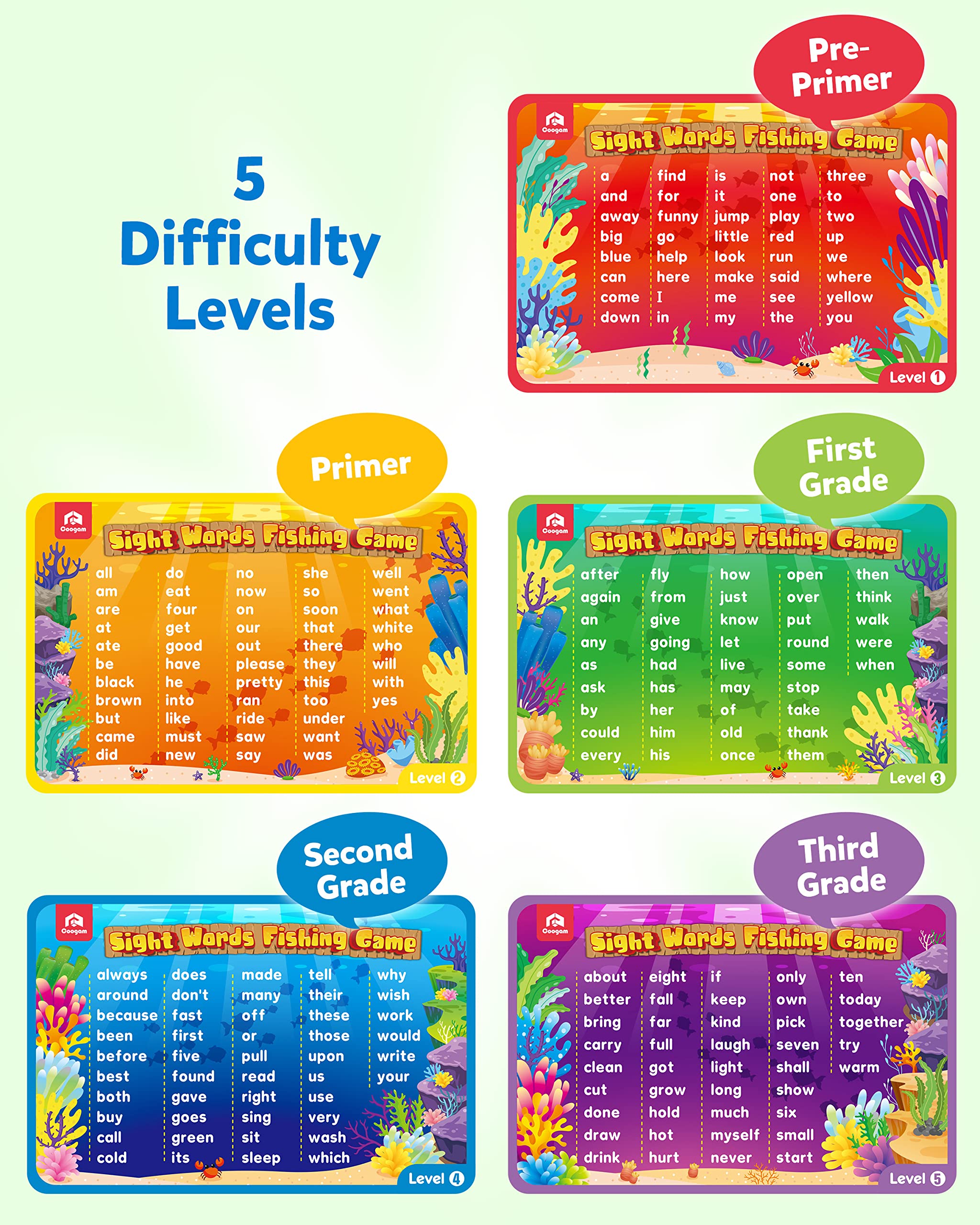 Coogam Dolch sight words cards support early reading recognition.