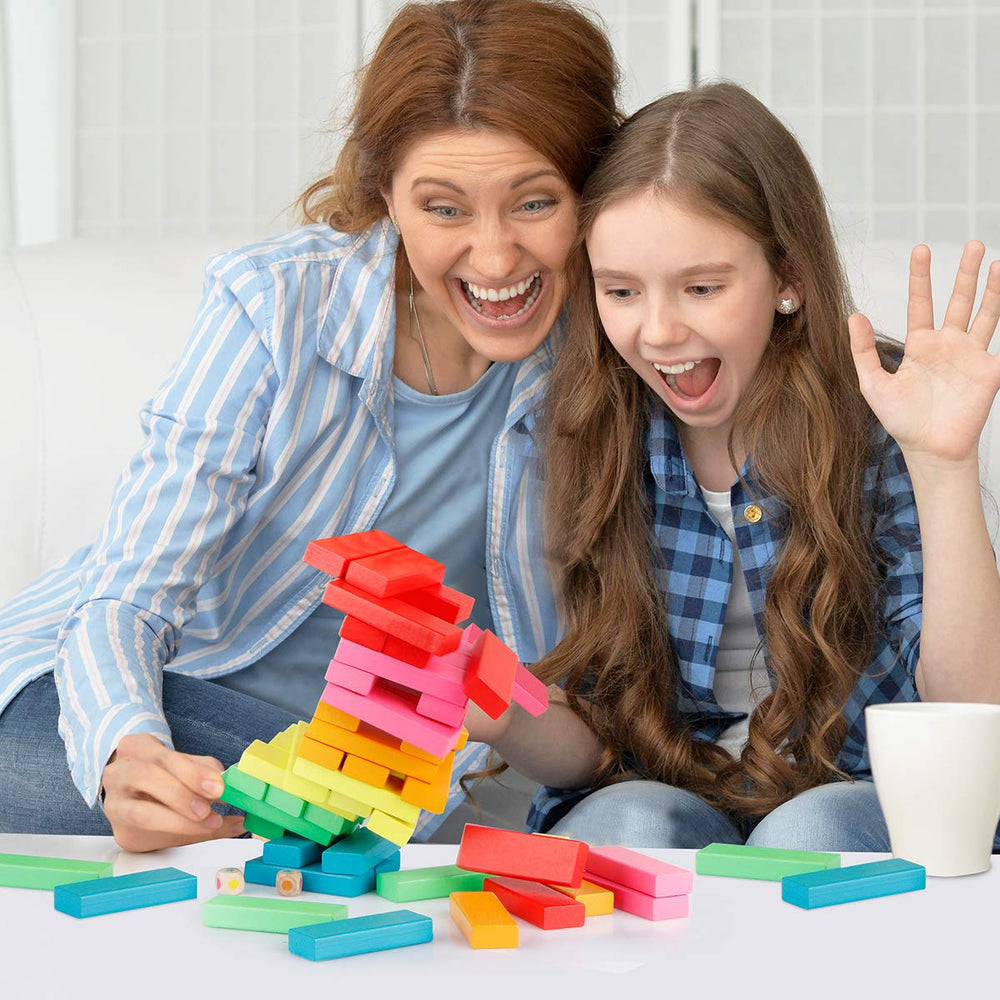 Coogam family game night setup featuring the stacking blocks