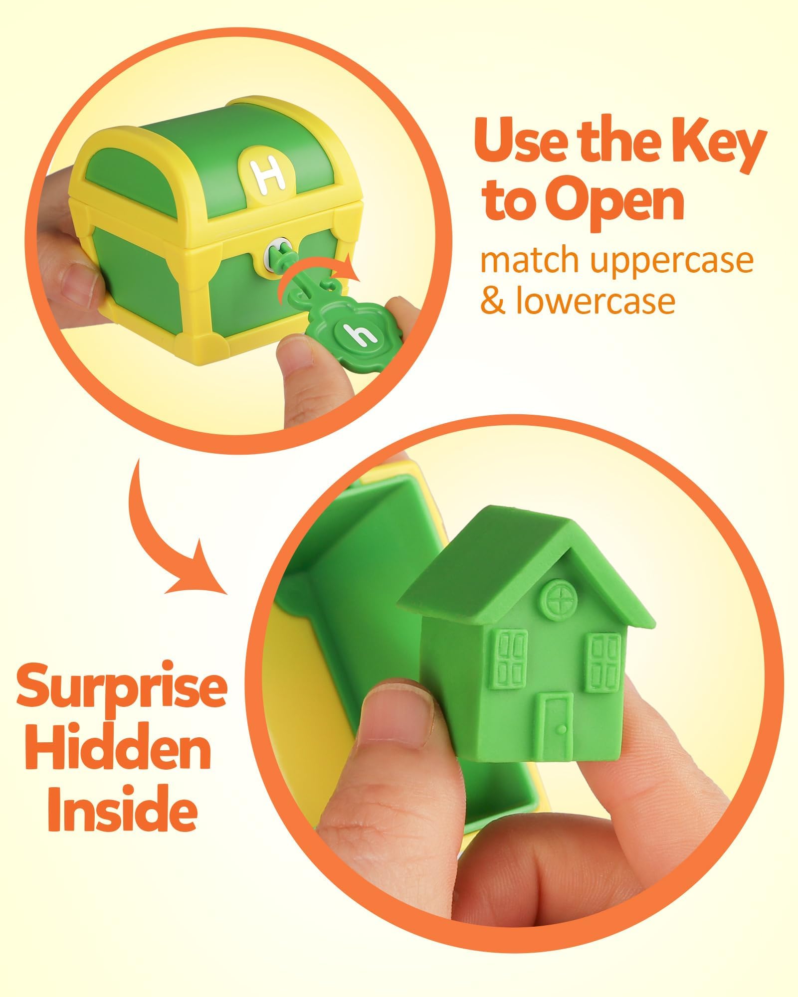 Coogam keys and boxes show color sorting and letter matching in a playful learning setup.