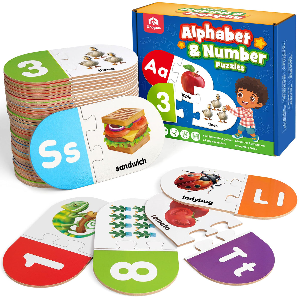 Coogam Learning Alphabet Matching Game cards help kids recognize letters and numbers through self-correcting play.