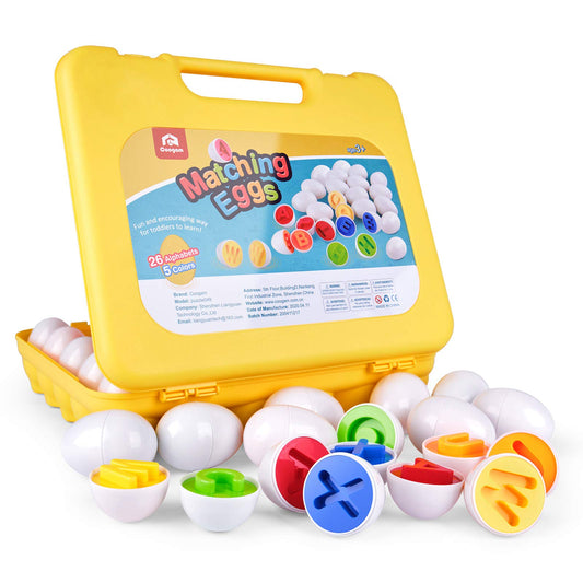 Coogam Letters Matching Eggs opened shells reveal colorful interiors for alphabet color matching.