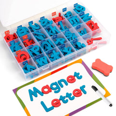 Coogam magnetic letters in red and blue on board for interactive spelling.