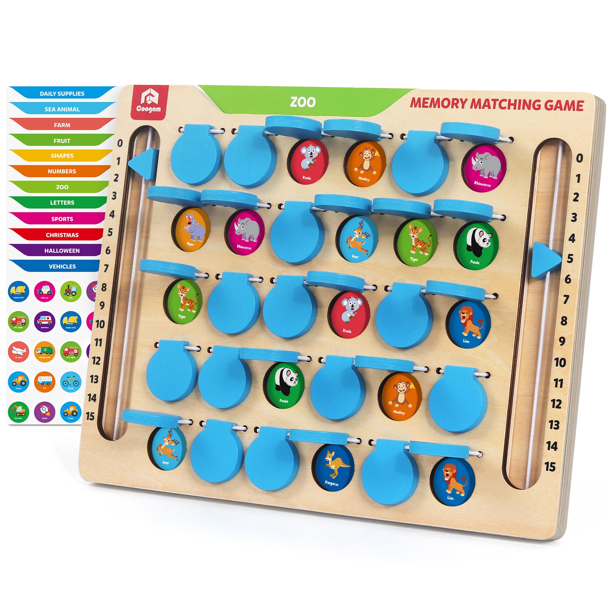 Coogam memory matching game on a wooden board for travel learning fun.