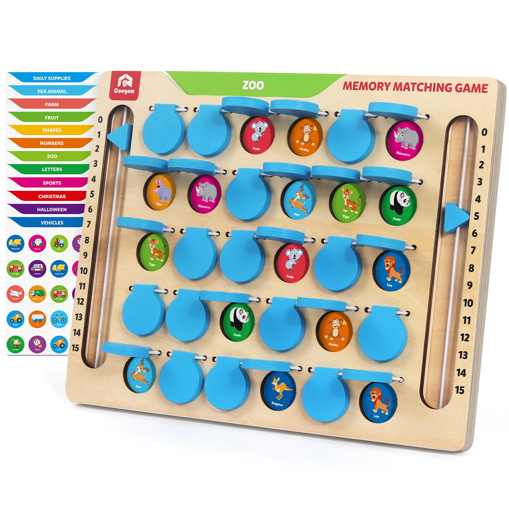 Coogam memory matching game on a wooden board for travel learning fun.