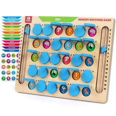 Coogam memory matching game on a wooden board for travel learning fun.