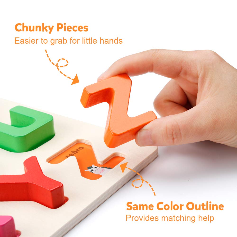Coogam Montessori-style alphabet puzzle pieces promote hand-eye coordination and problem solving.