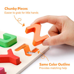 Coogam Montessori-style alphabet puzzle pieces promote hand-eye coordination and problem solving.