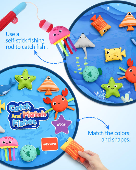 Coogam cloth fish in varied colors and shapes to aid recognition.