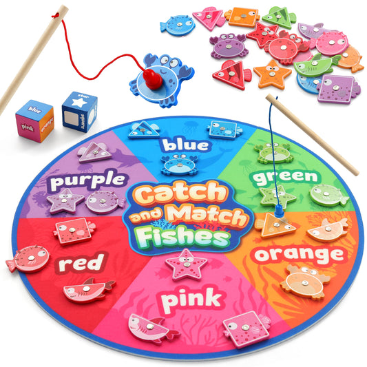Coogam Montessori fishing toy fishes on the mat for color and shape sorting.