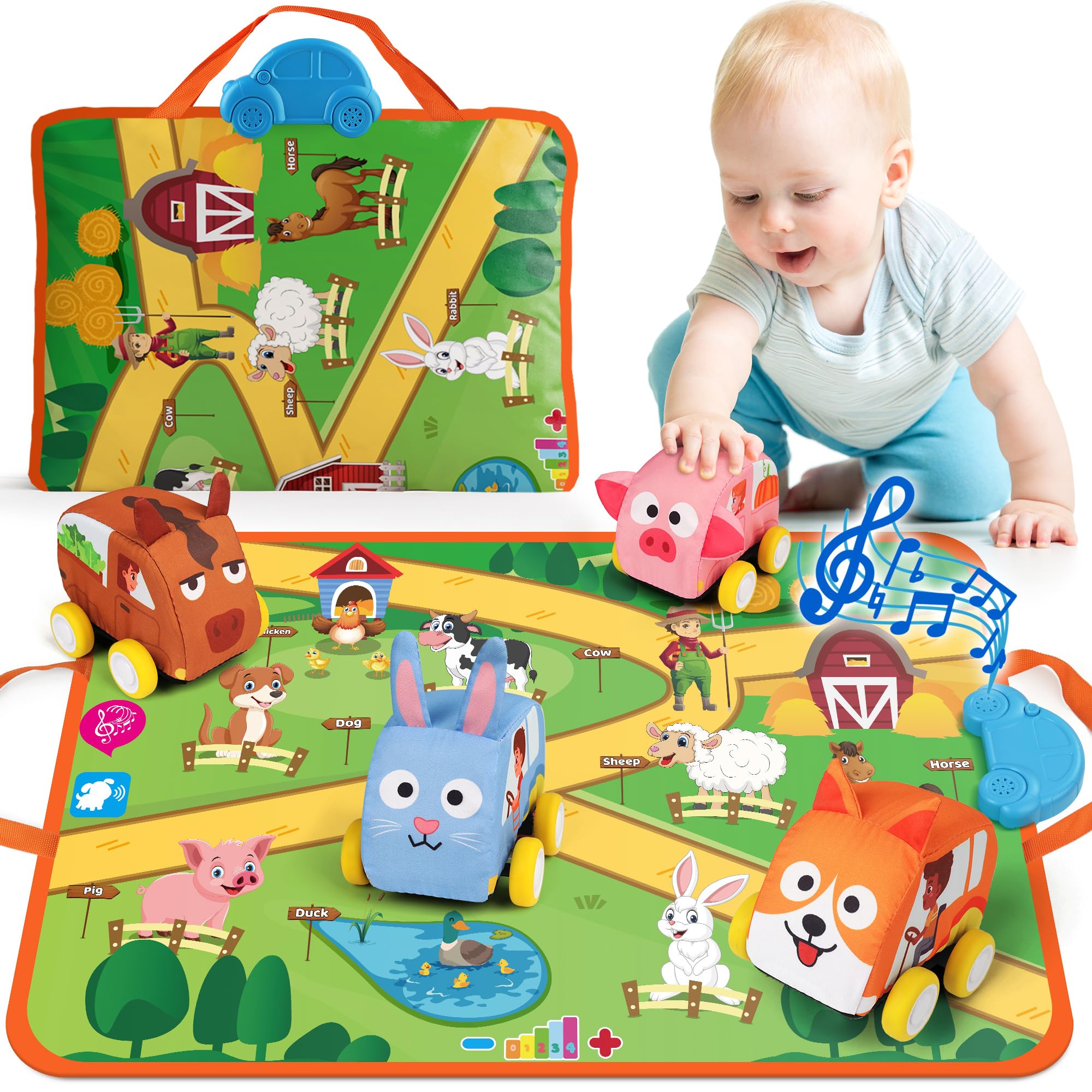 Coogam Musical Cars Play Mat with soft pull-back vehicles for imaginative play and motor skills
