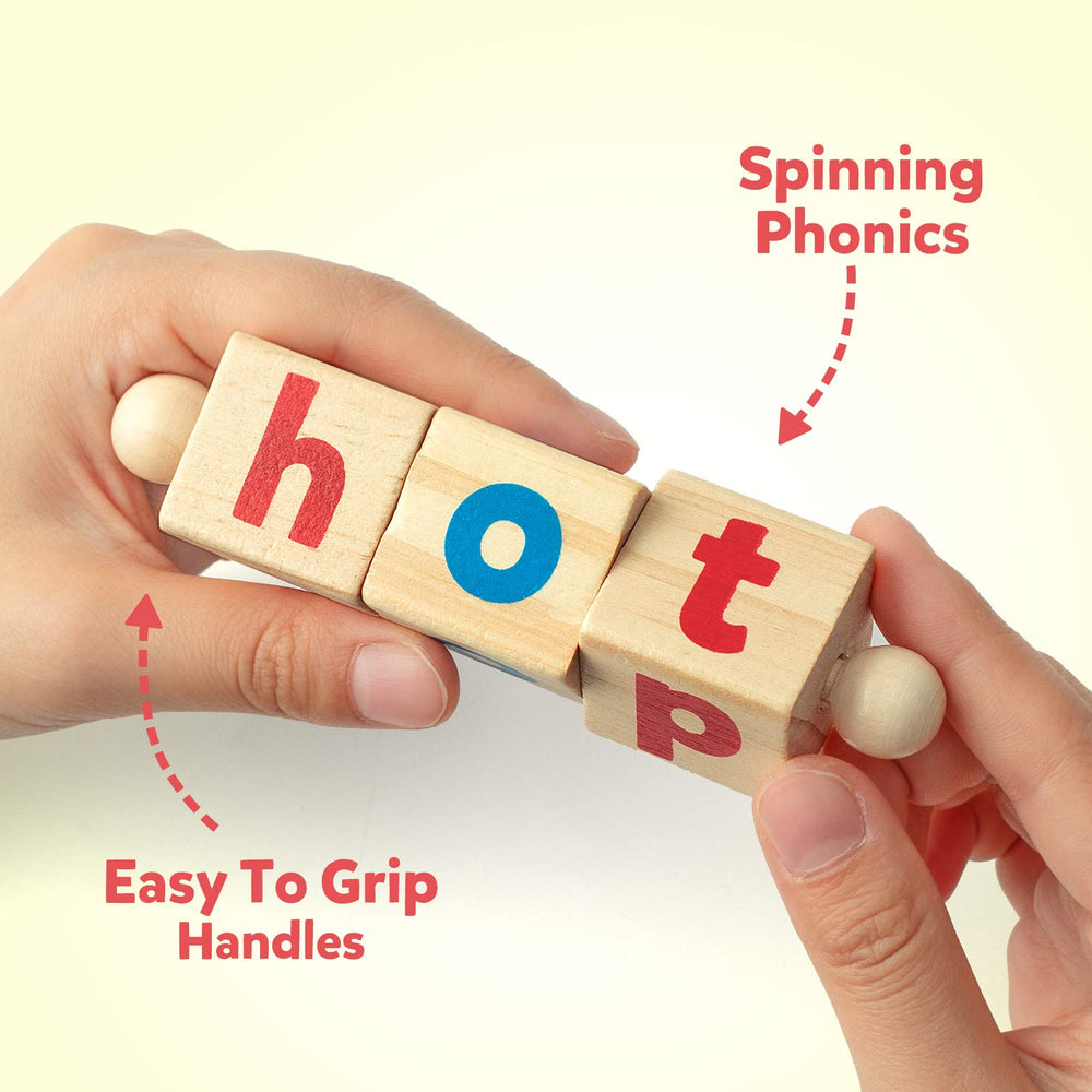Coogam rotating 3-letter word blocks close-up for interactive spelling