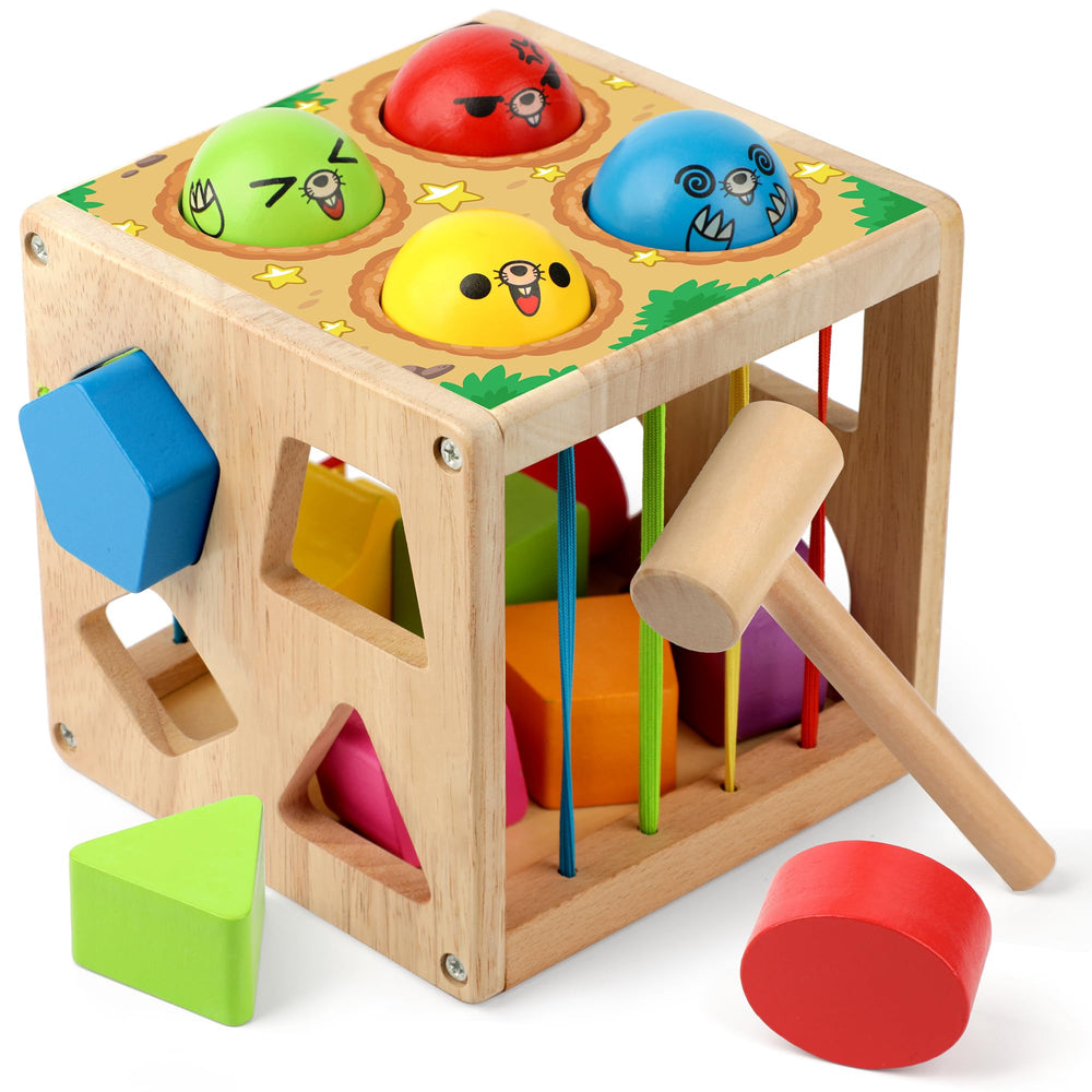 Coogam shape sorter cube promotes fine motor skills and color recognition.