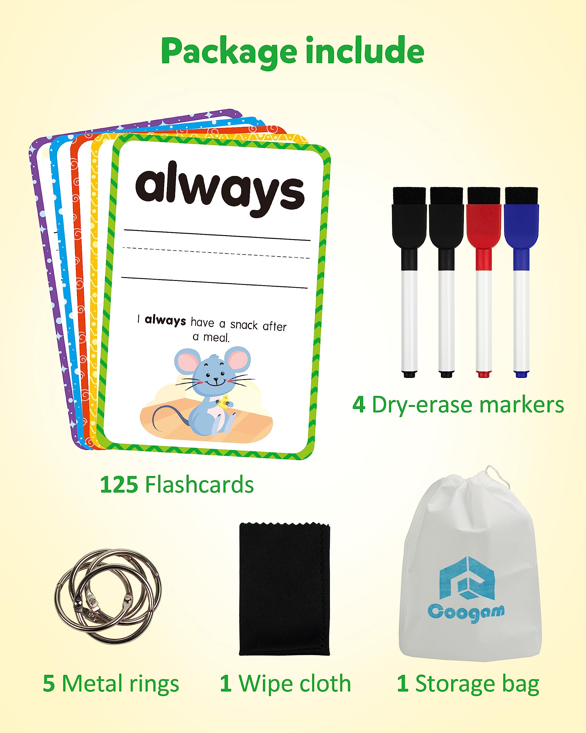 Coogam sight words flash cards storage-ring keeps cards tidy and organized