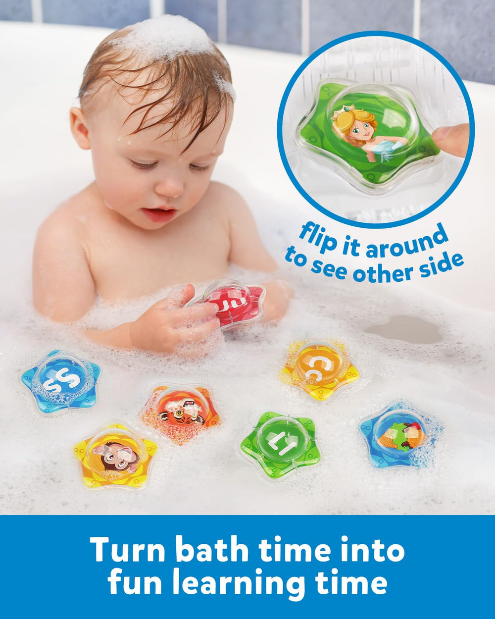Coogam Starfish alphabet-letters bath toy in water promotes early literacy during bath-time.