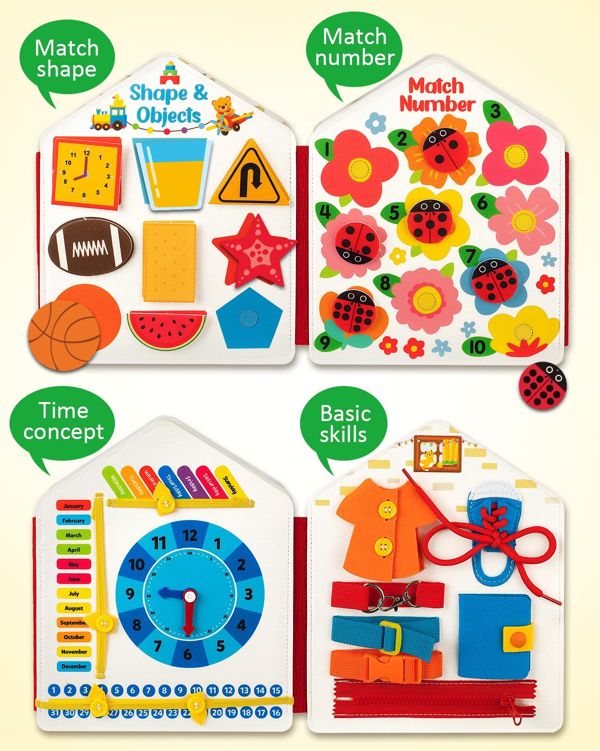 Coogam Toddler Busy Book clock page teaches time concepts for preschoolers
