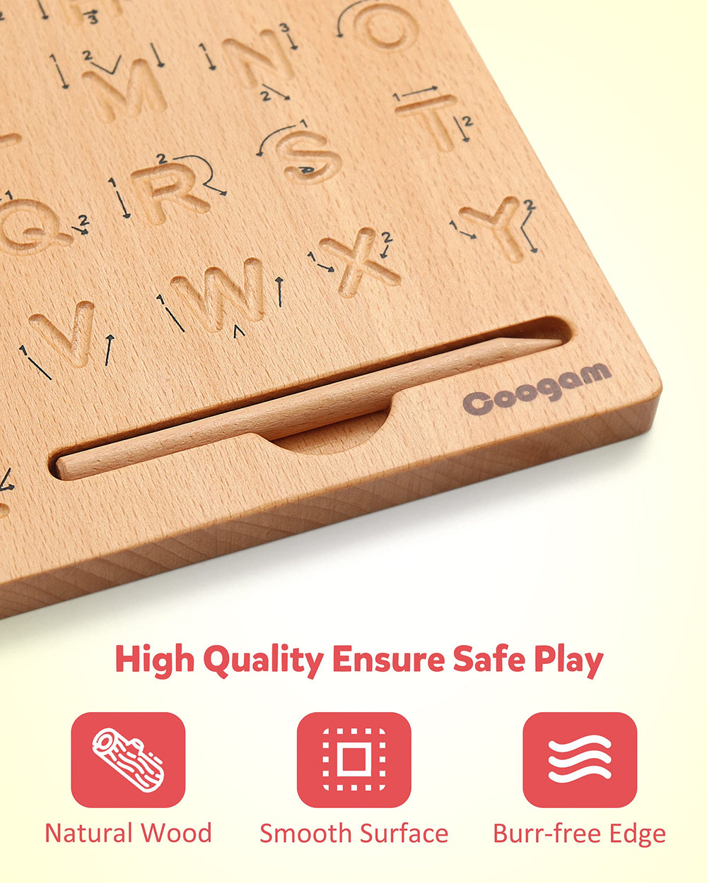 Smooth edges and natural wood on Coogam board ensure comfortable writing.