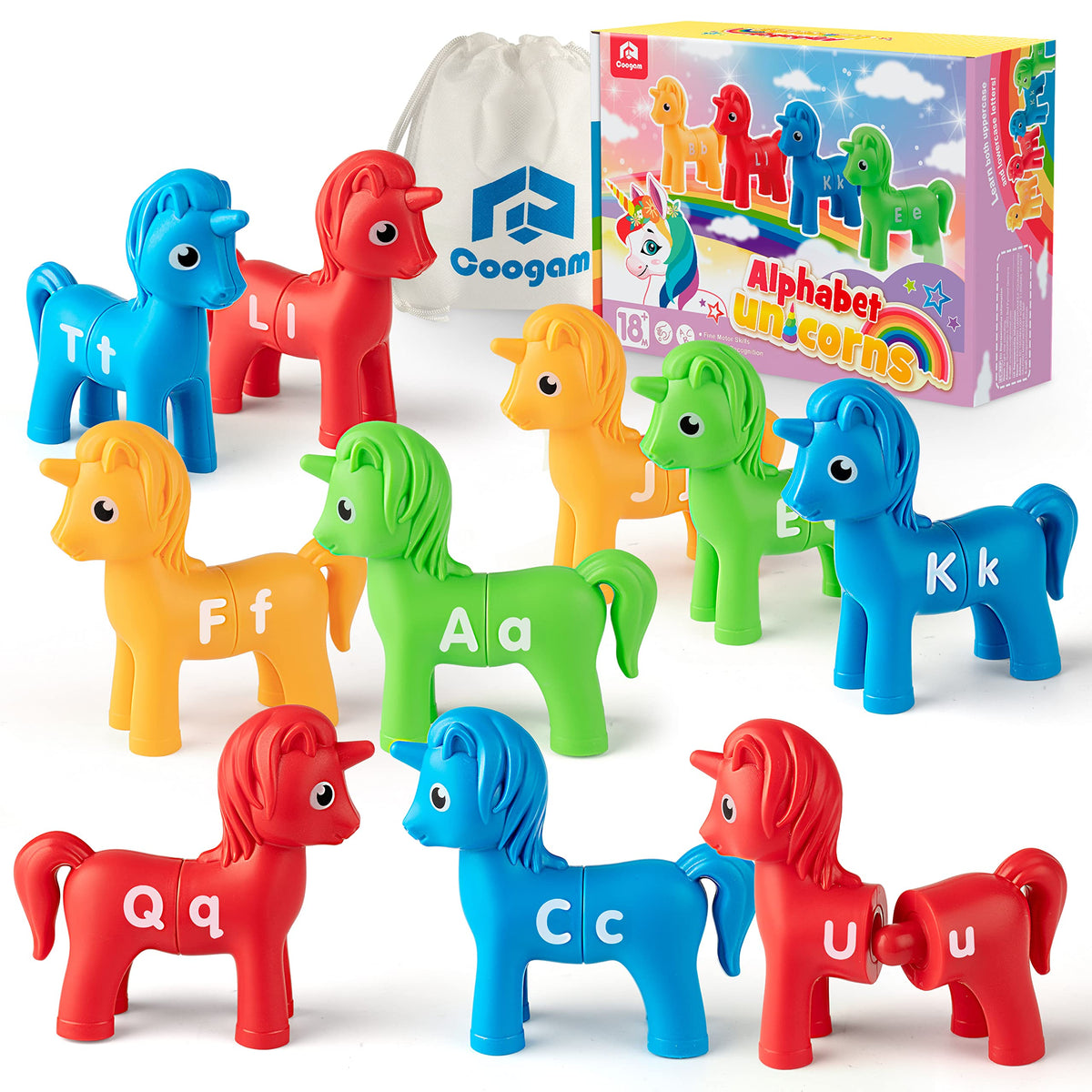Coogam unicorn alphabet pairs show uppercase and lowercase letters for recognition