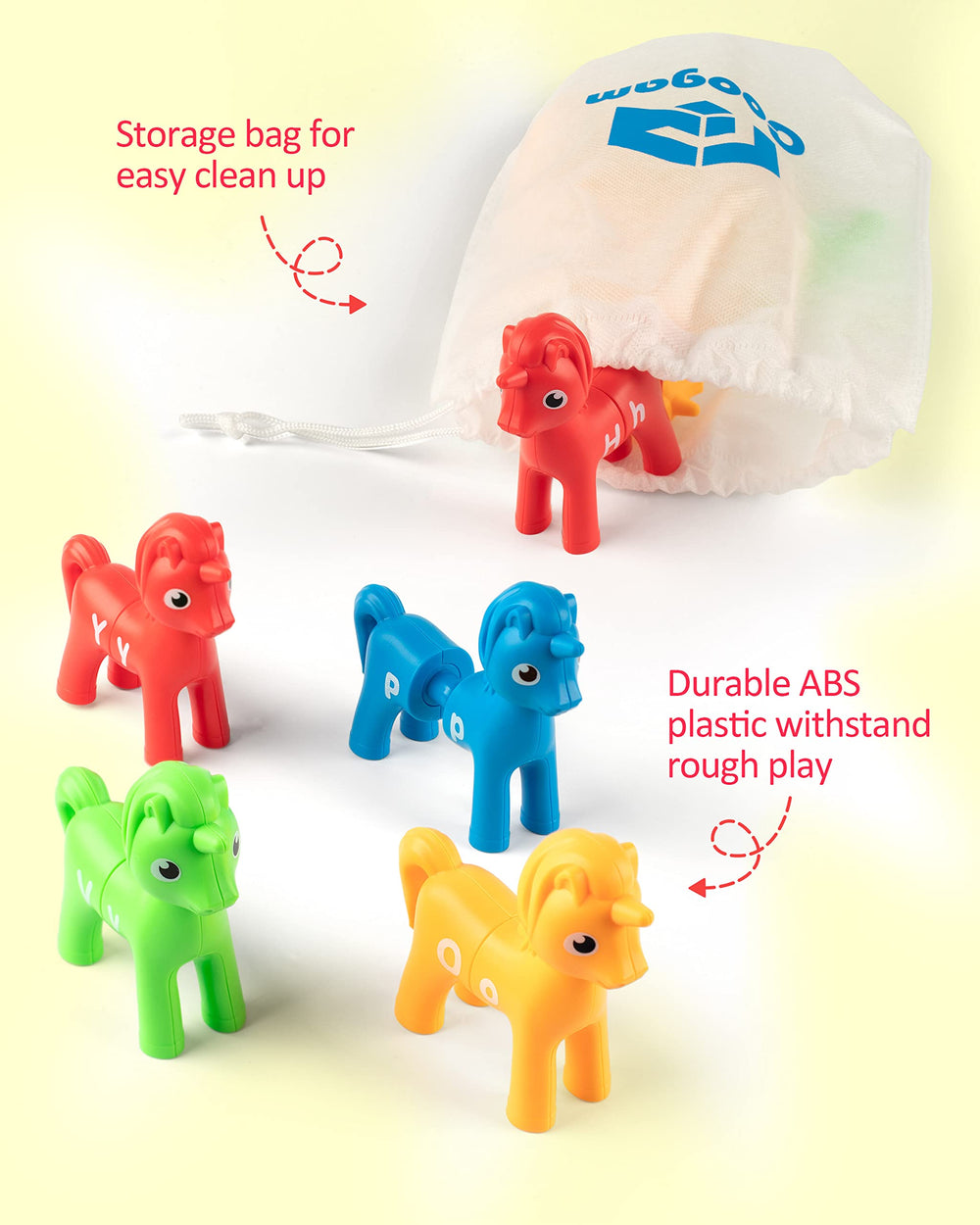 Coogam unicorns used in classroom activities for alphabet play