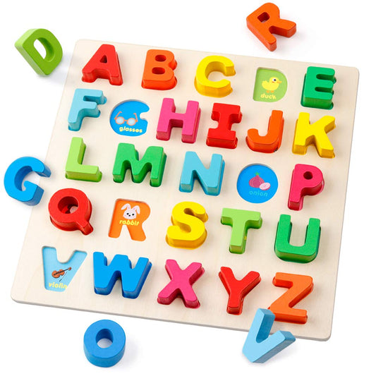 Coogam wooden alphabet puzzle blocks in bright colors for early literacy practice.