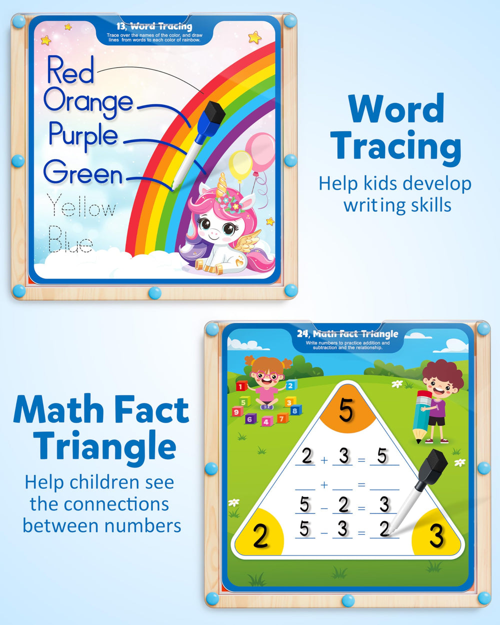 Coogam wooden board with markers for reusable handwriting sessions.