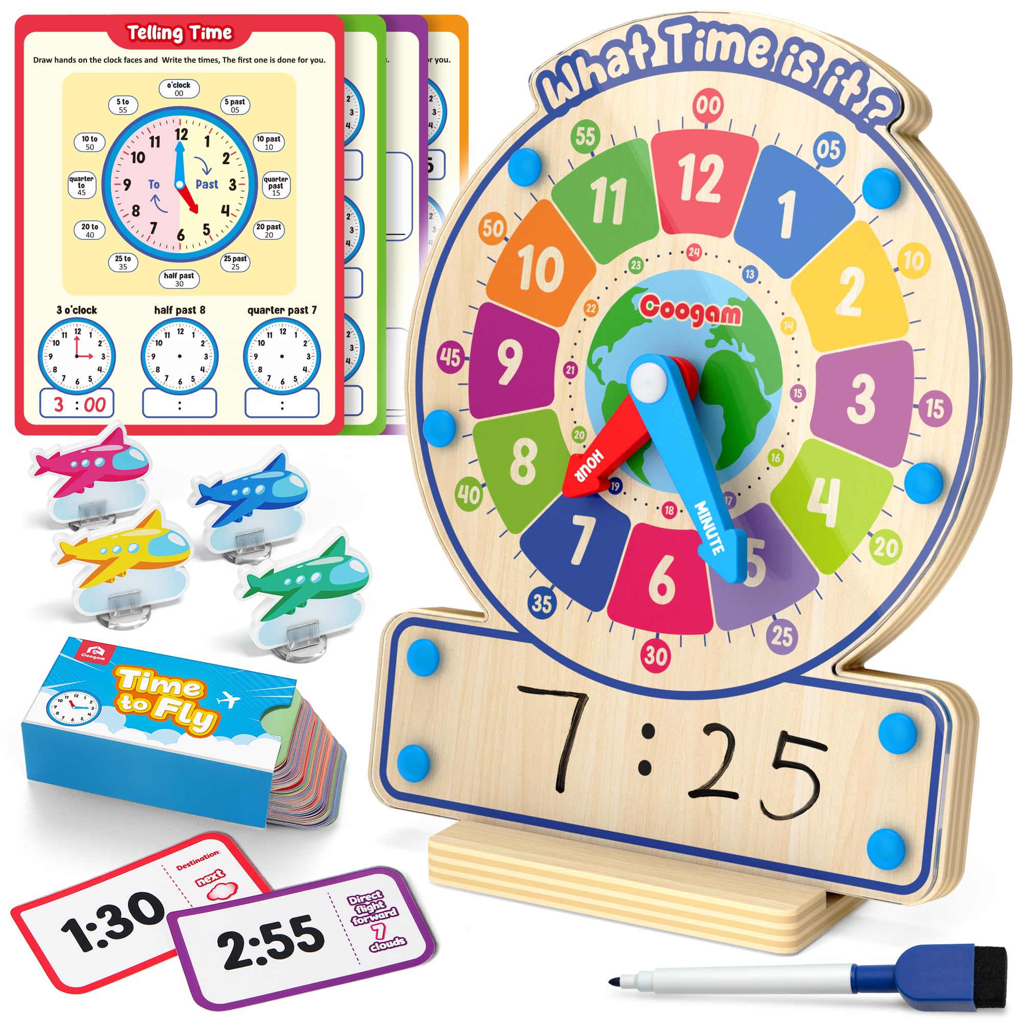 Coogam wooden clock with analog face helps kids learn time intuitively.