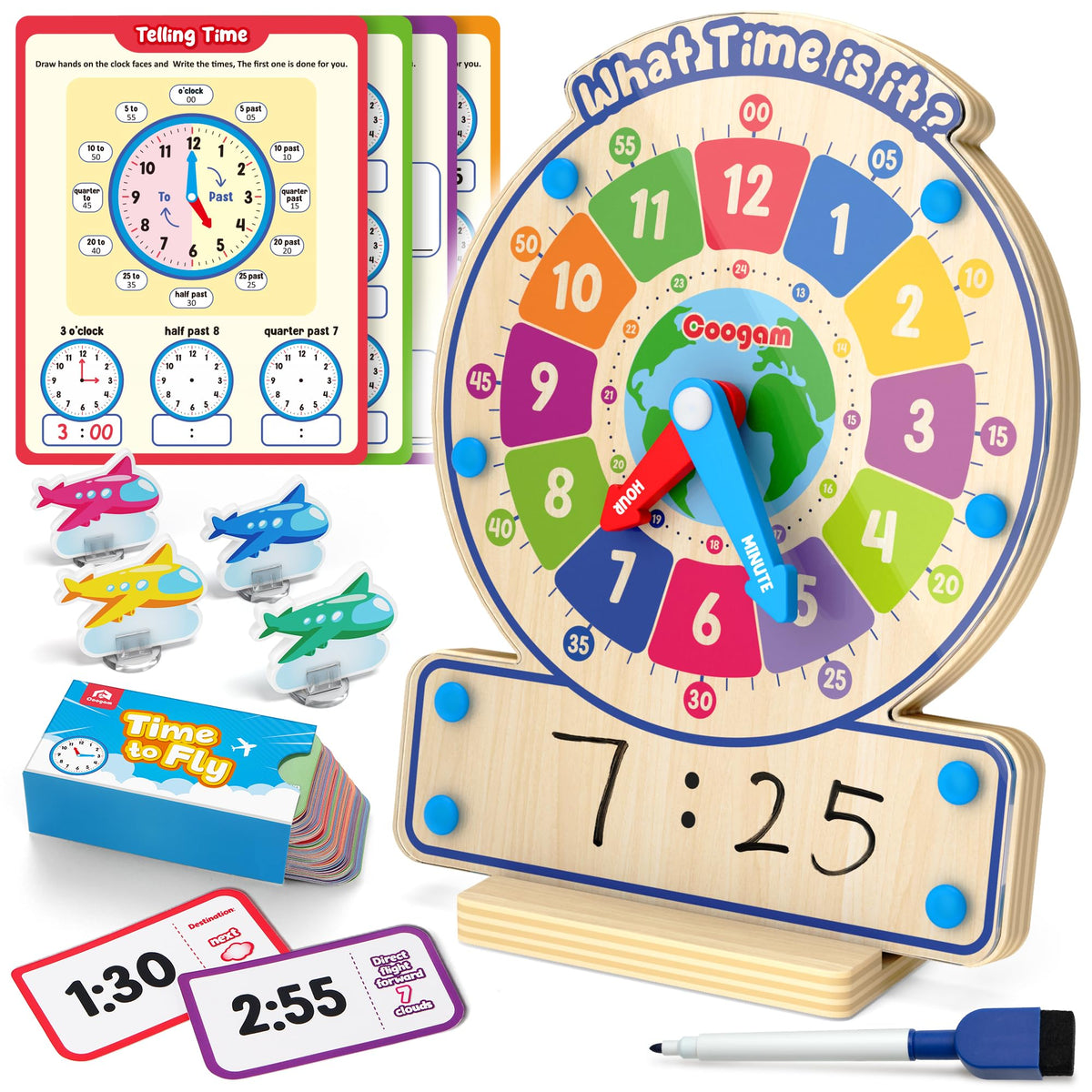 Coogam wooden clock with analog face helps kids learn time intuitively.