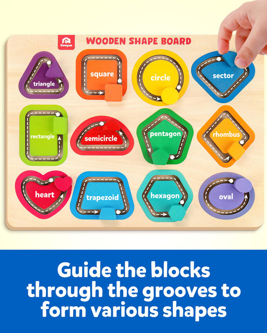 Coogam puzzle pieces arranged on board for color and shape sorting.