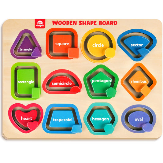 Coogam wooden color shape puzzle board for toddlers, top view showing shapes and pegs.