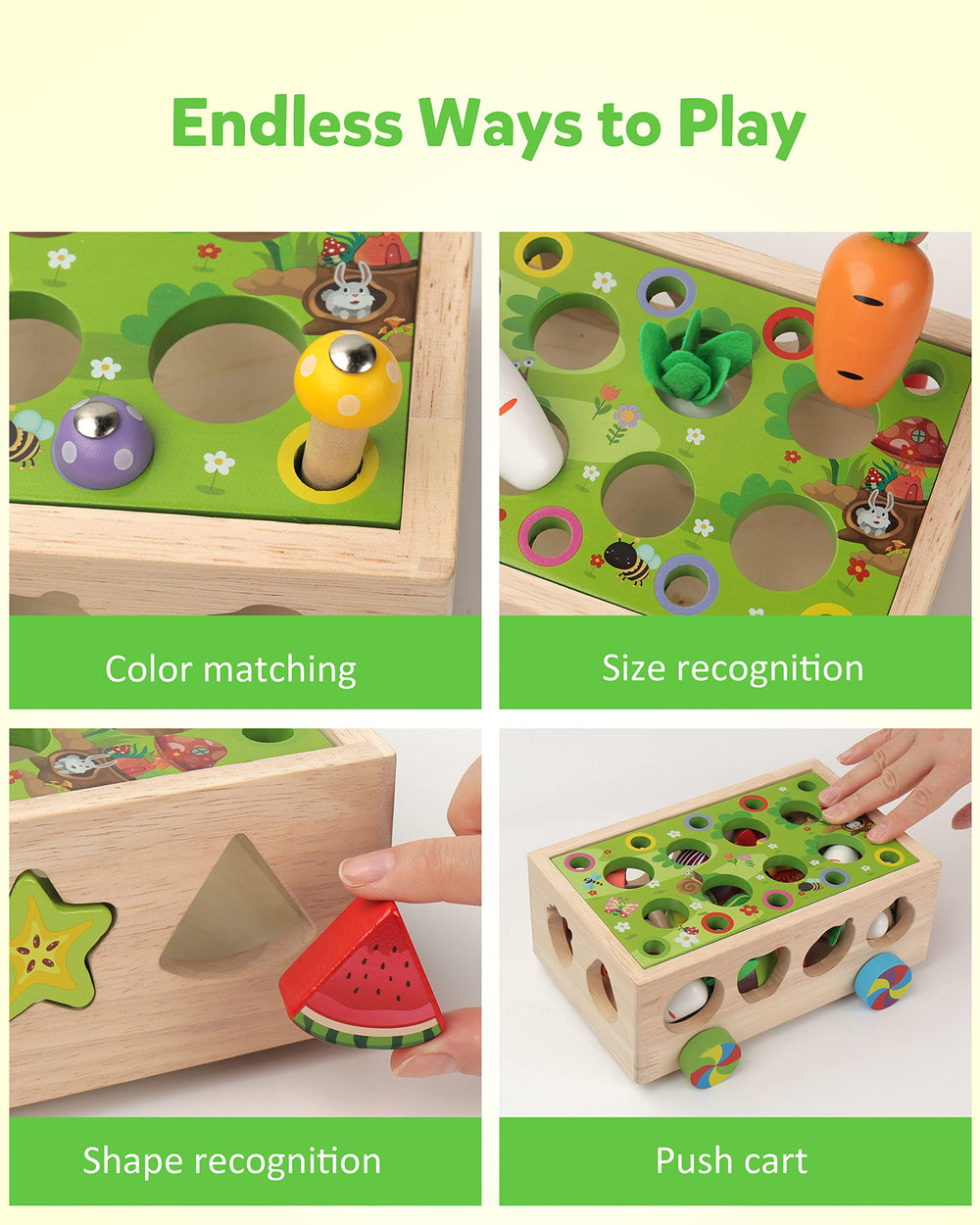 Coogam wooden fruits and vegetables set enhances sorting and color recognition during play.