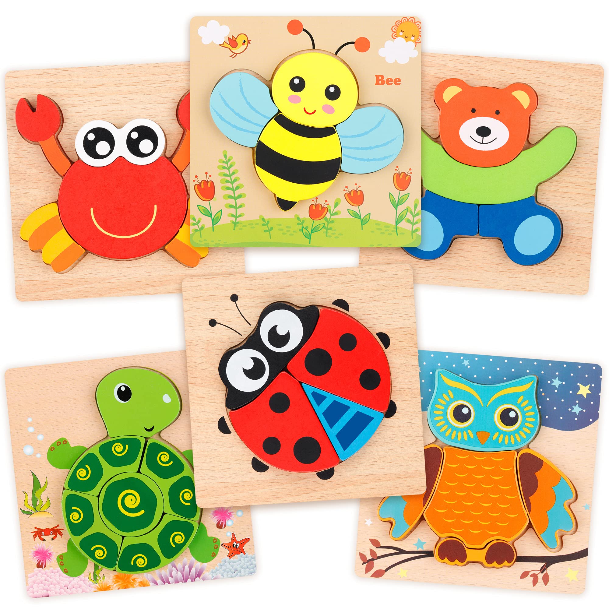 Coogam wooden jigsaw puzzle set with six animal shapes for color and shape recognition.