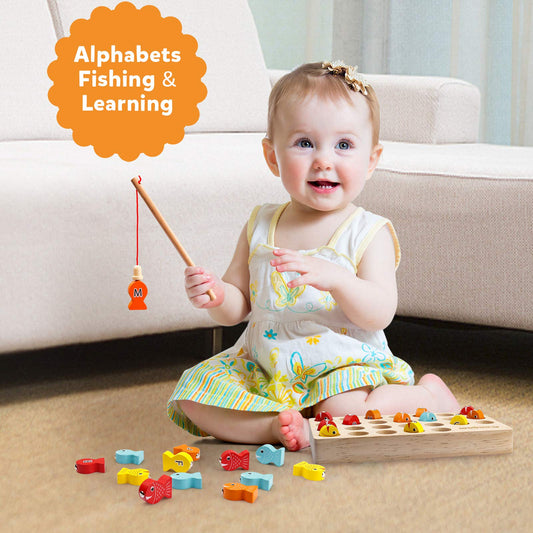Coogam wooden magnetic fish pieces help with color and letter matching.