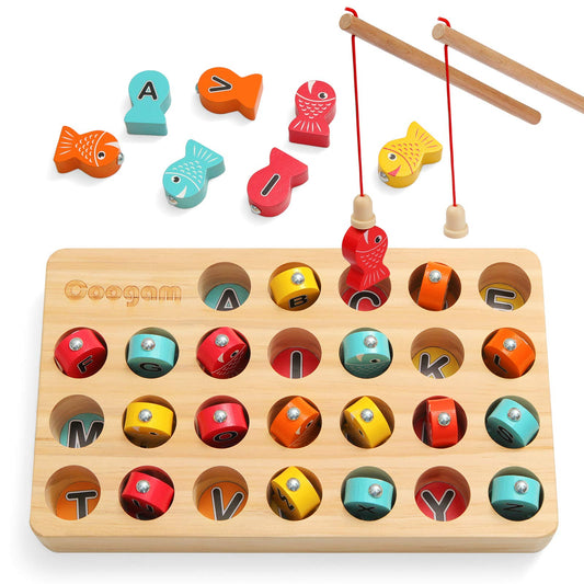 Coogam wooden magnetic fishing game poles for cooperative play and motor skill practice.