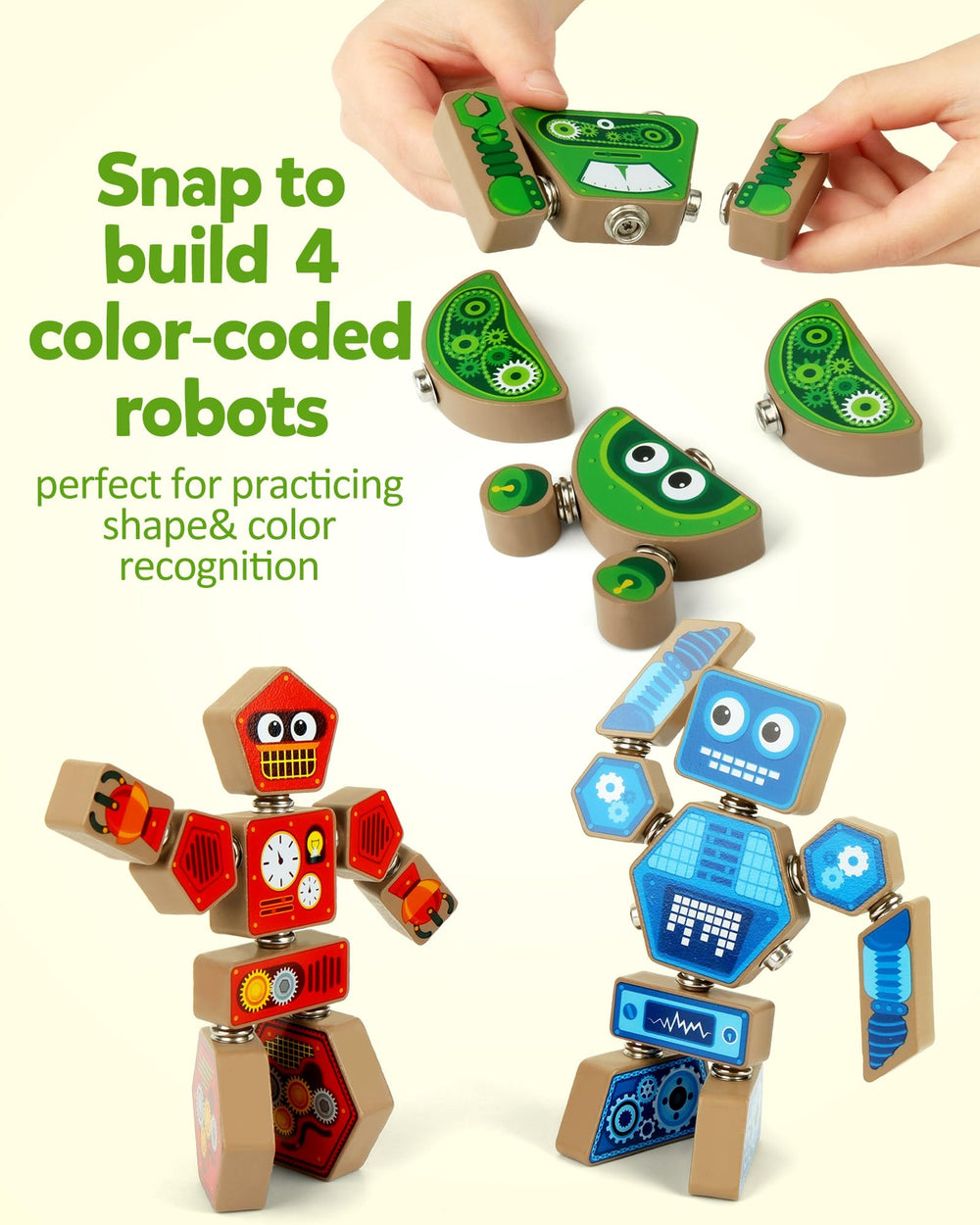 Coogam wooden robot blocks with color coding supporting fine motor development and creativity.