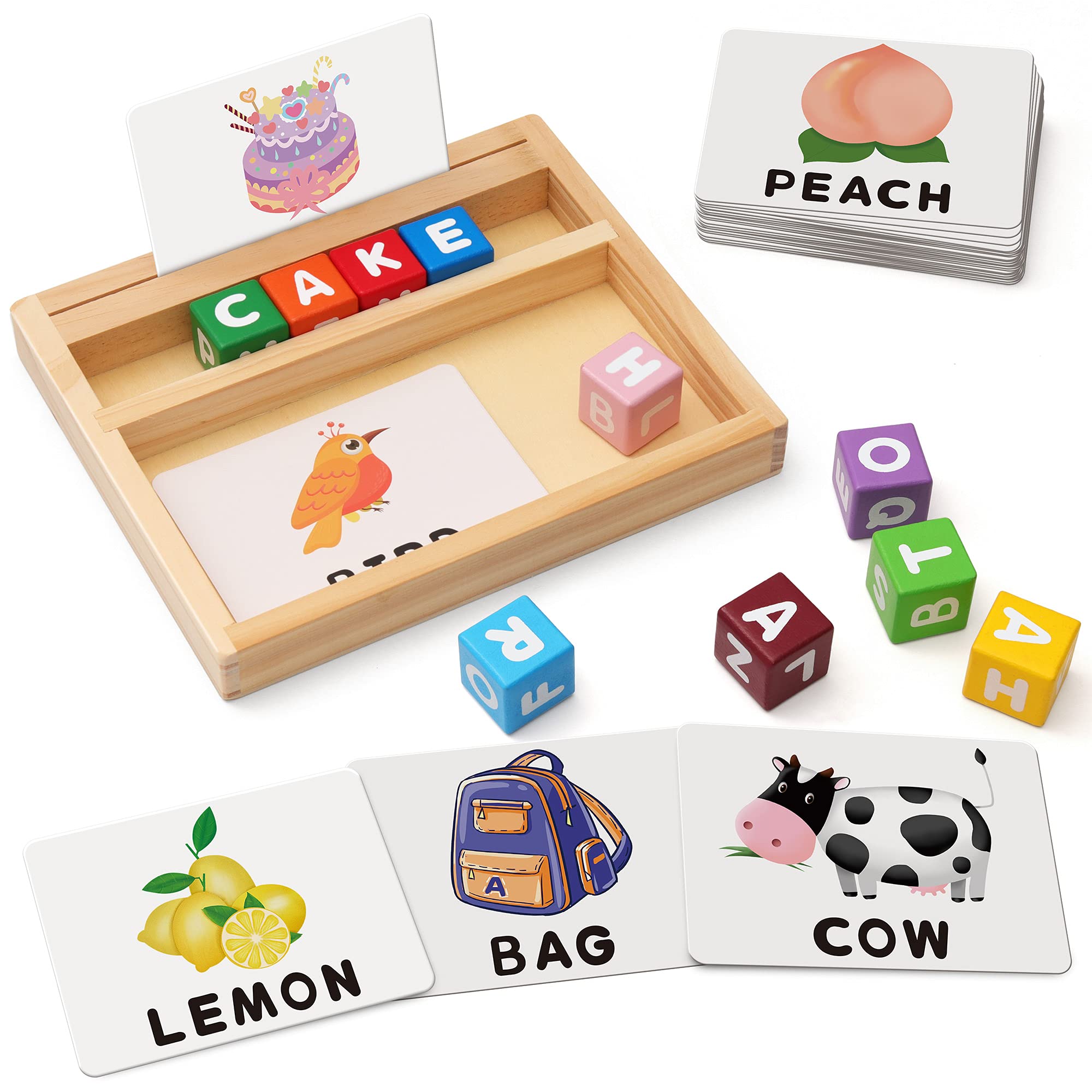 Coogam wooden tray with letter cubes for early spelling practice