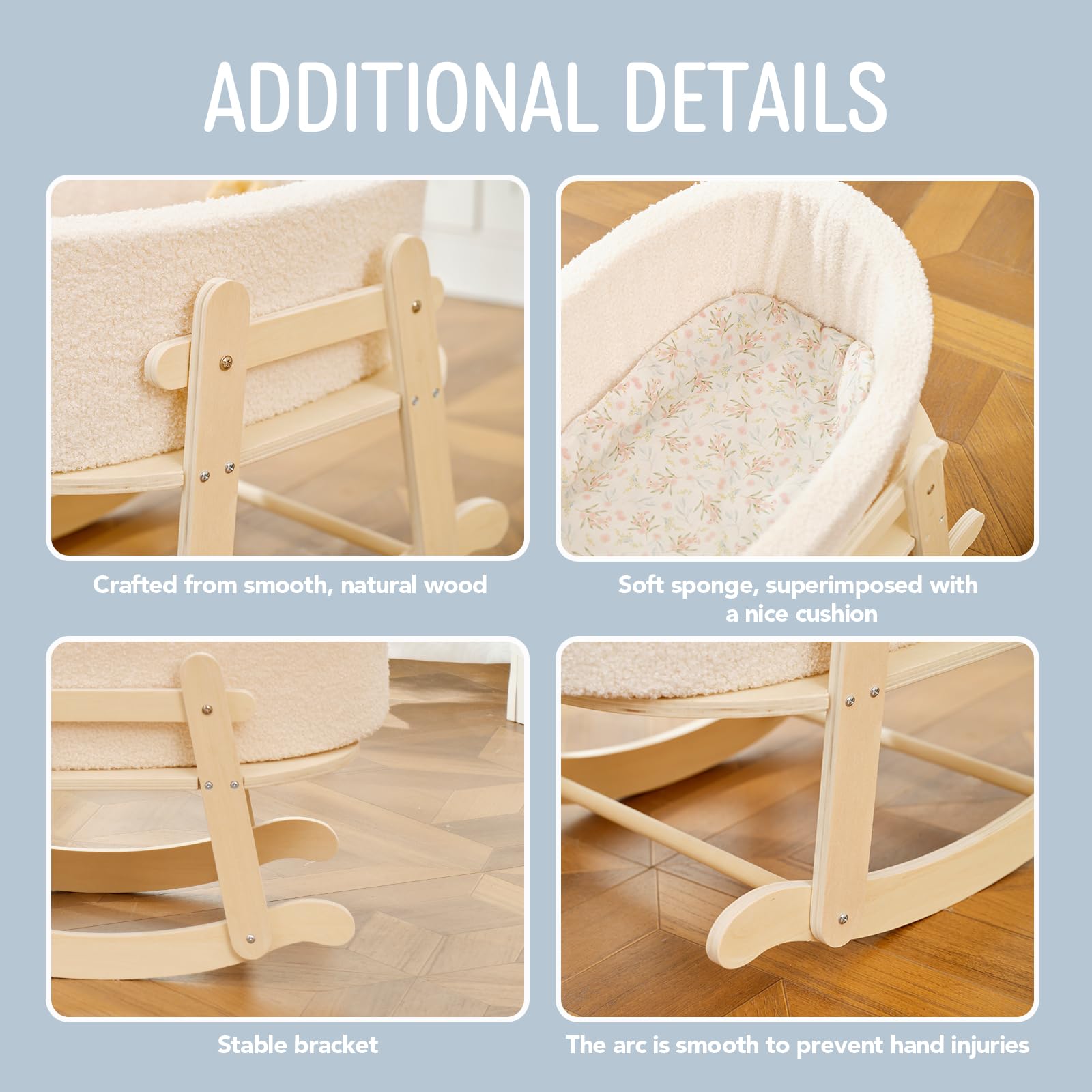 COOKIE BUNNY gift-ready wooden bassinet for kids who love imaginative play.